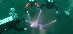 На радость рыбам: днепровские дайверы установили елку на дне карьера