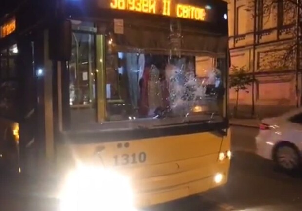 На улице Лаврской двое мужчин разбили окна троллейбуса и напали на водителя. Фото: Скриншот