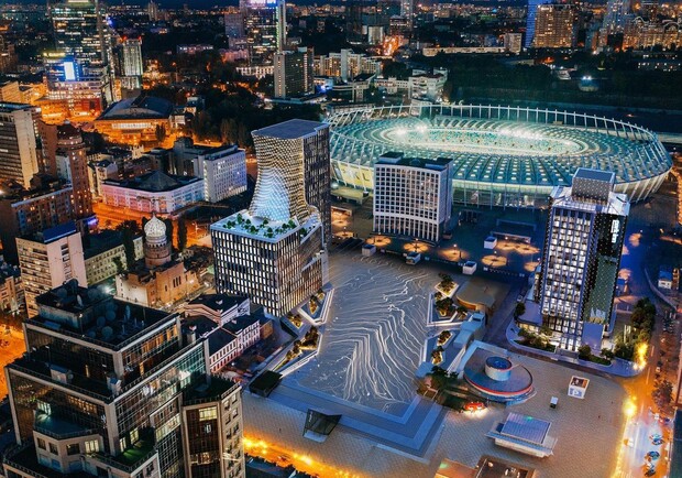 Визуализация нового небоскреба перед Олимпийским стадионом в Киеве. 