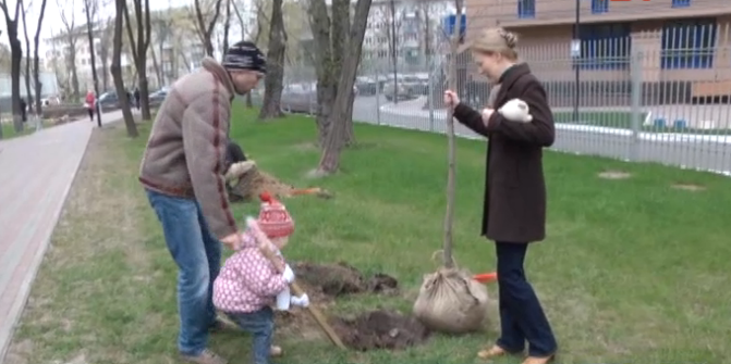 Садить деревья помогали даже дети. Скриншот видео телеканала новостей "24"