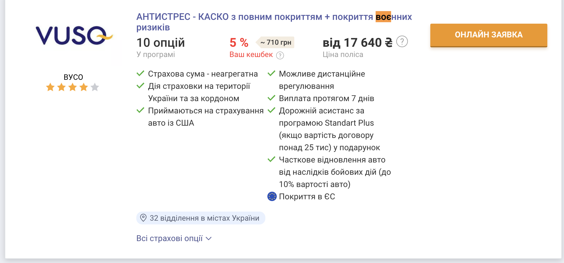 Порядок цін на КАСКО, яке відшкодовує збитки від воєнних дій -