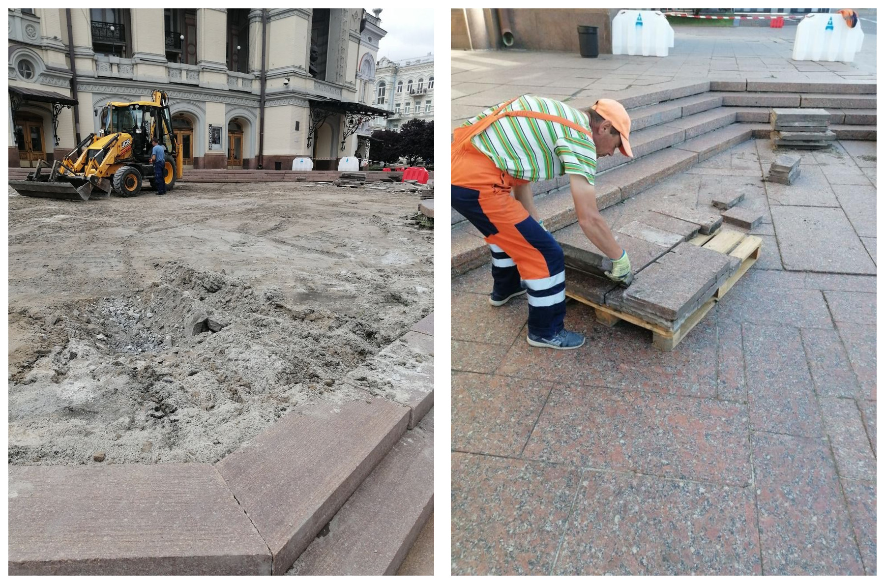 Рабочие снимают плиты на Театральной площади. Фото: Александр Кубраков 