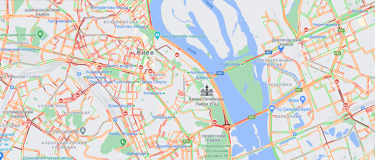 Пробки в Киеве. Фото: скриншот Google Maps