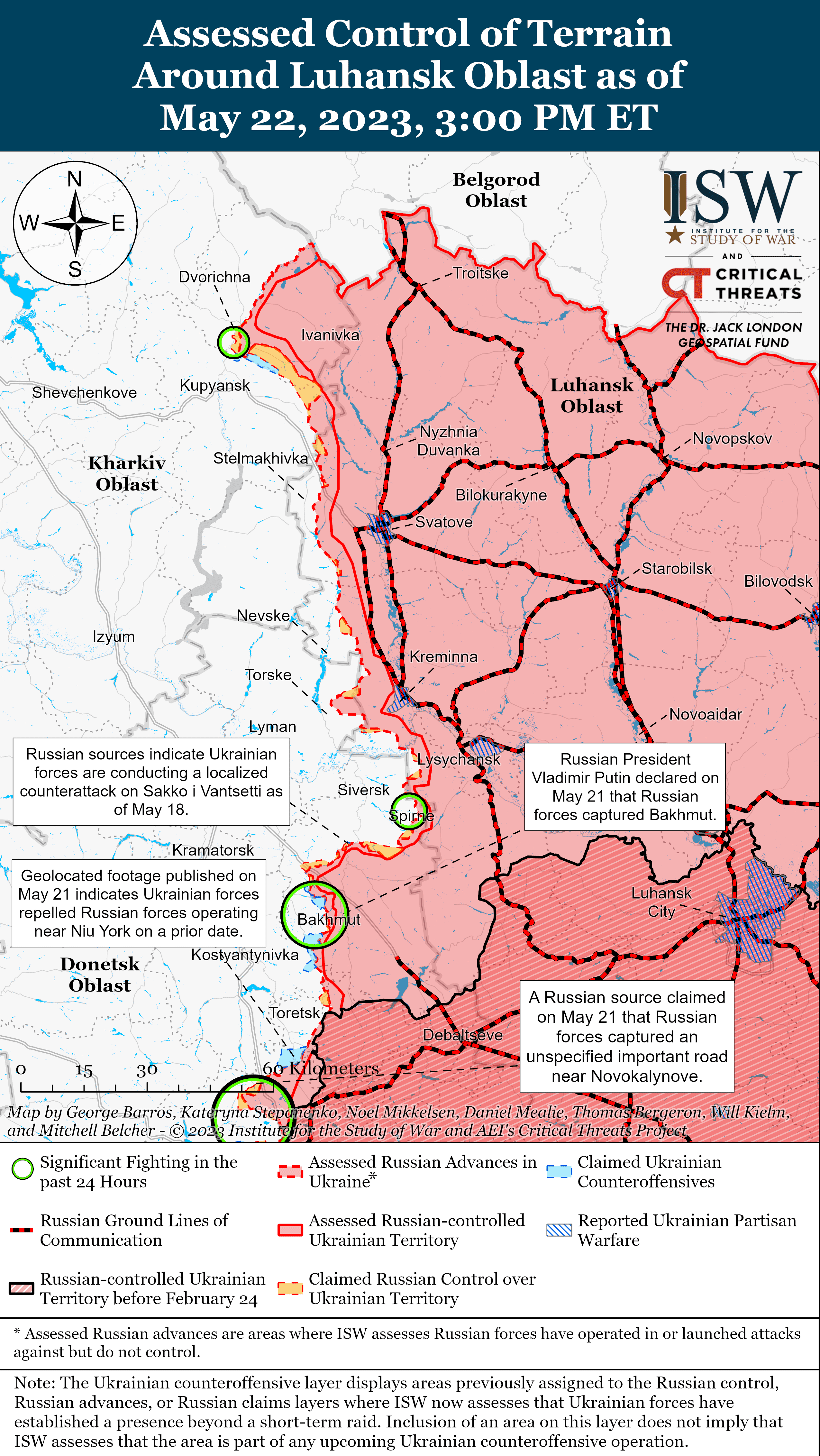 Мапа бойових дій в Україні 23 травня. || Фото: ISW
