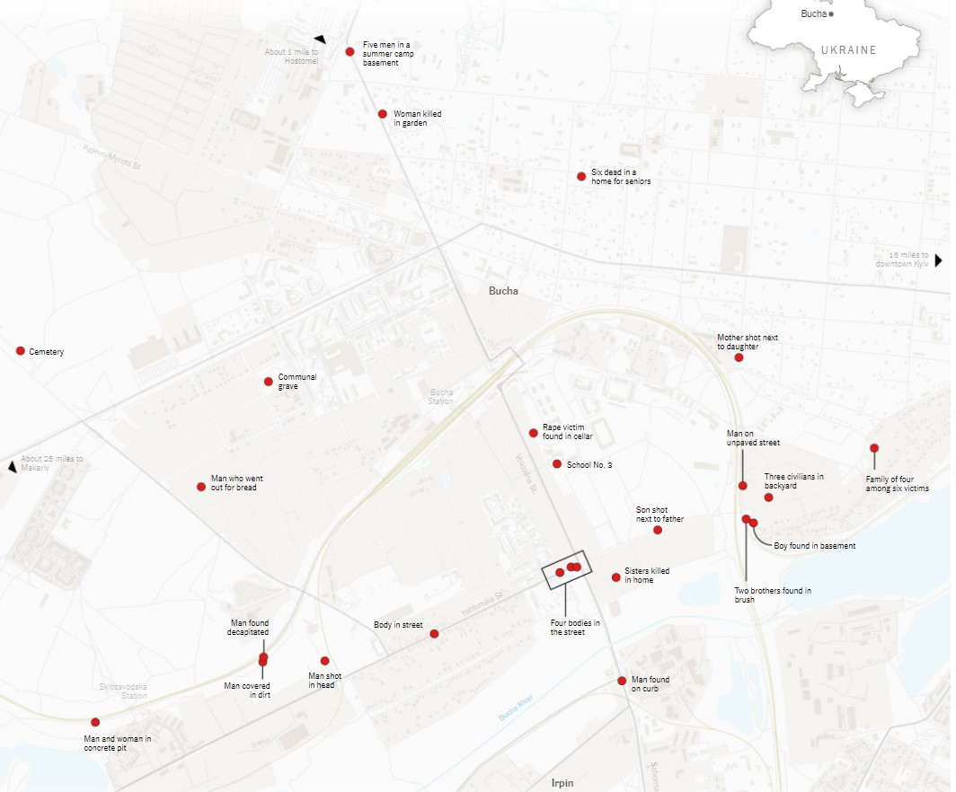 Журналісти The New York Times створили карту скоєних звірств у Бучі - фото: nytimes.com