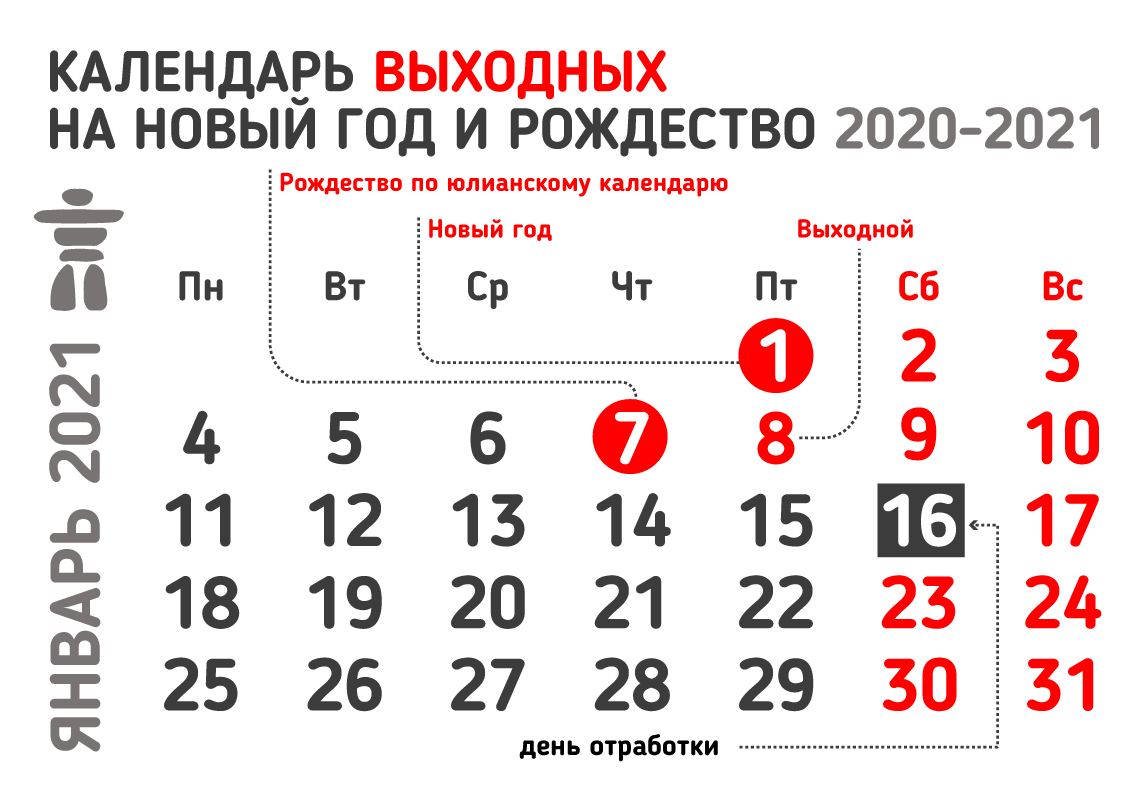 Календарь выходных на январь 2021
