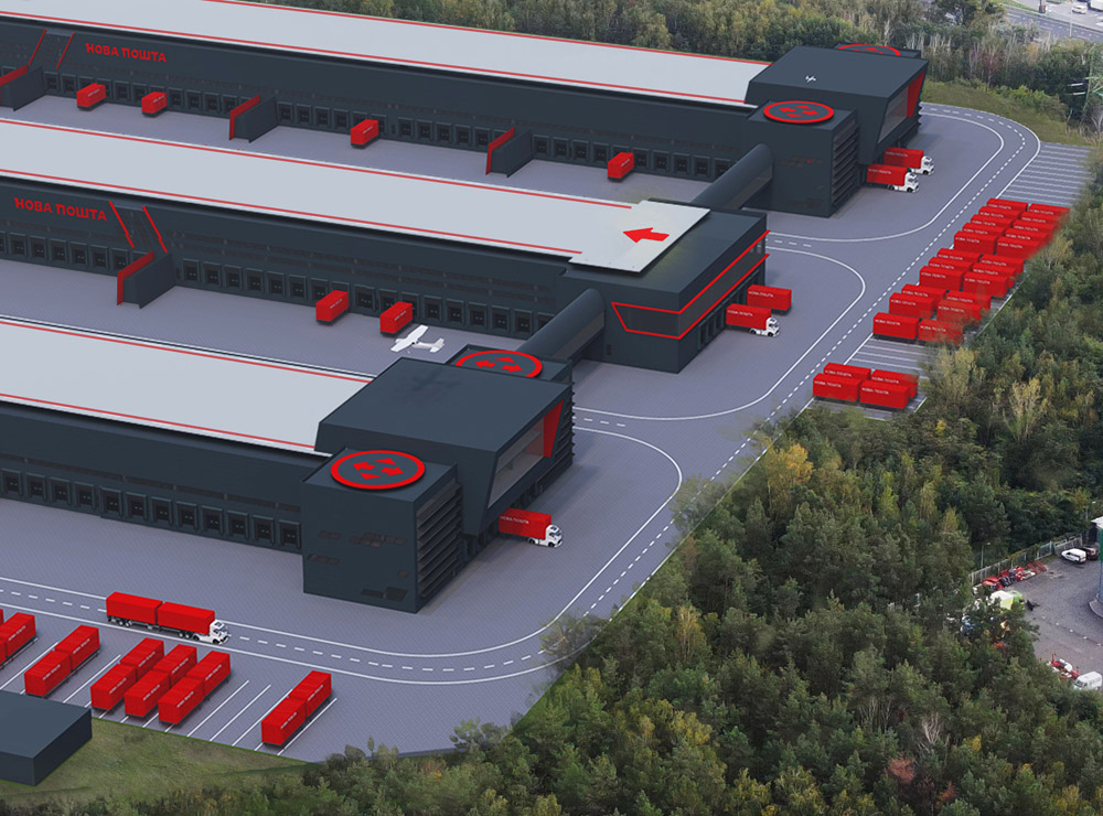 Сортировочный терминал "Новой почты" с взлетной полосой рядом с аэропортом Борисполь. Визуализация: Новая почта