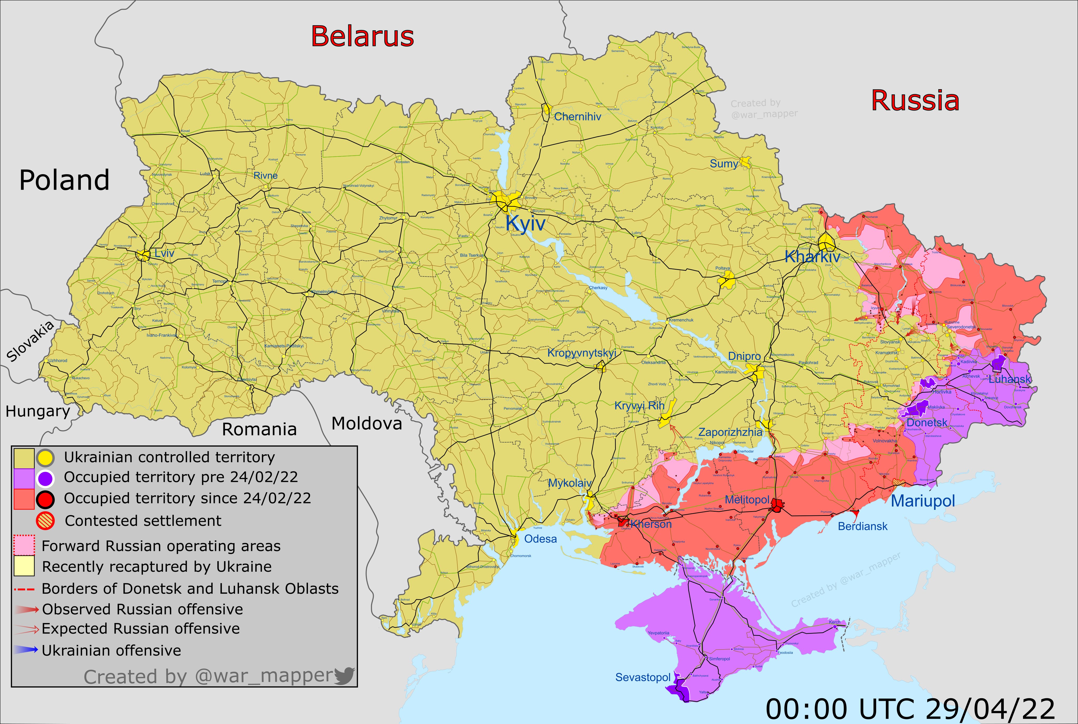 Мапа бойових дій в Україні 29 квітня. Фото: twitter.com/War_Mapper
