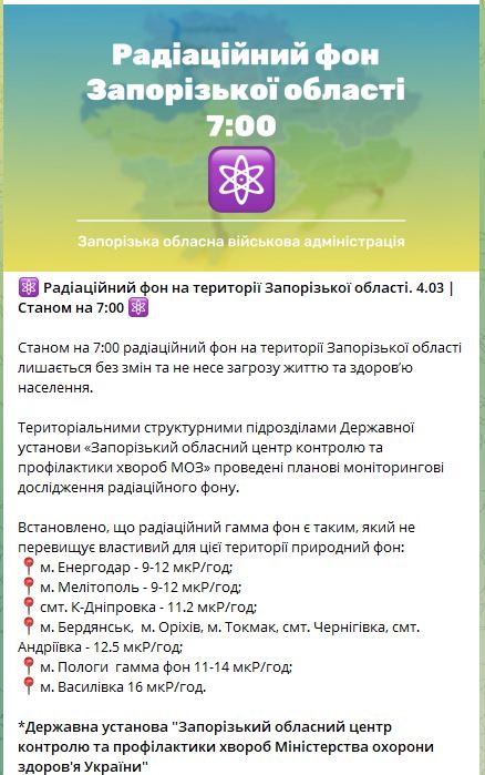 Радиационный фон в Запорожье на утро 4 марта