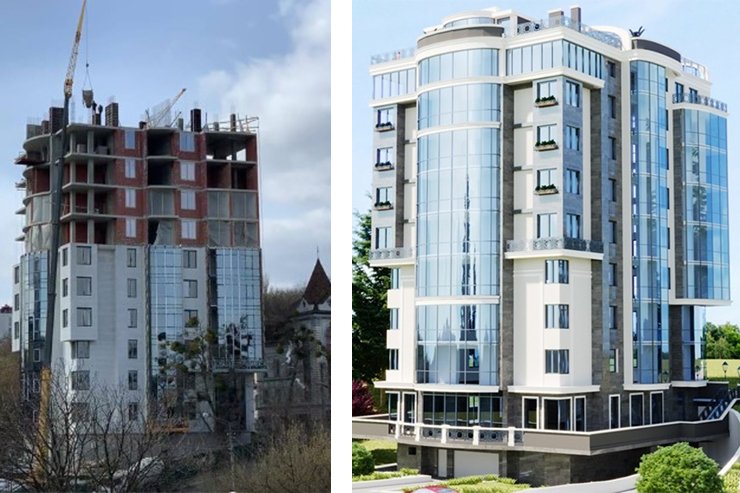 Слева - недостроенный дом, справа - визуализация проекта Билозир. Фото: Хмарочос