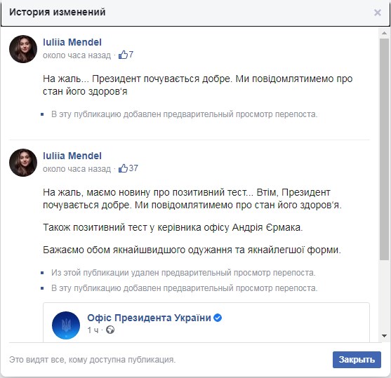 История изменений поста.