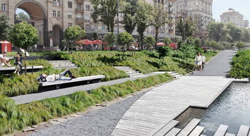 Визуализация центра Киева с рекой Крещатик