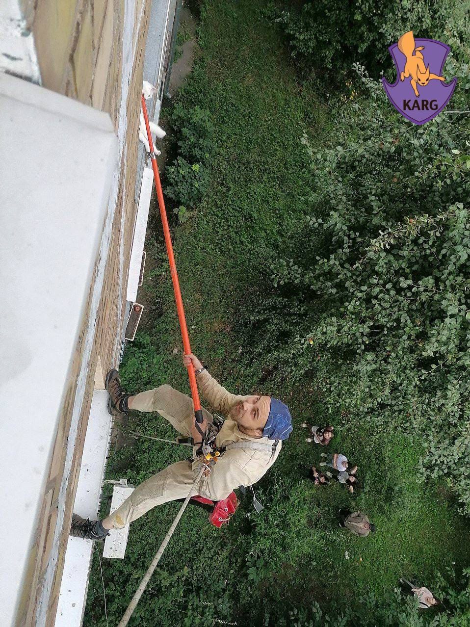 На Нивках врятували кота, що застряг у вікні 4-го поверху.