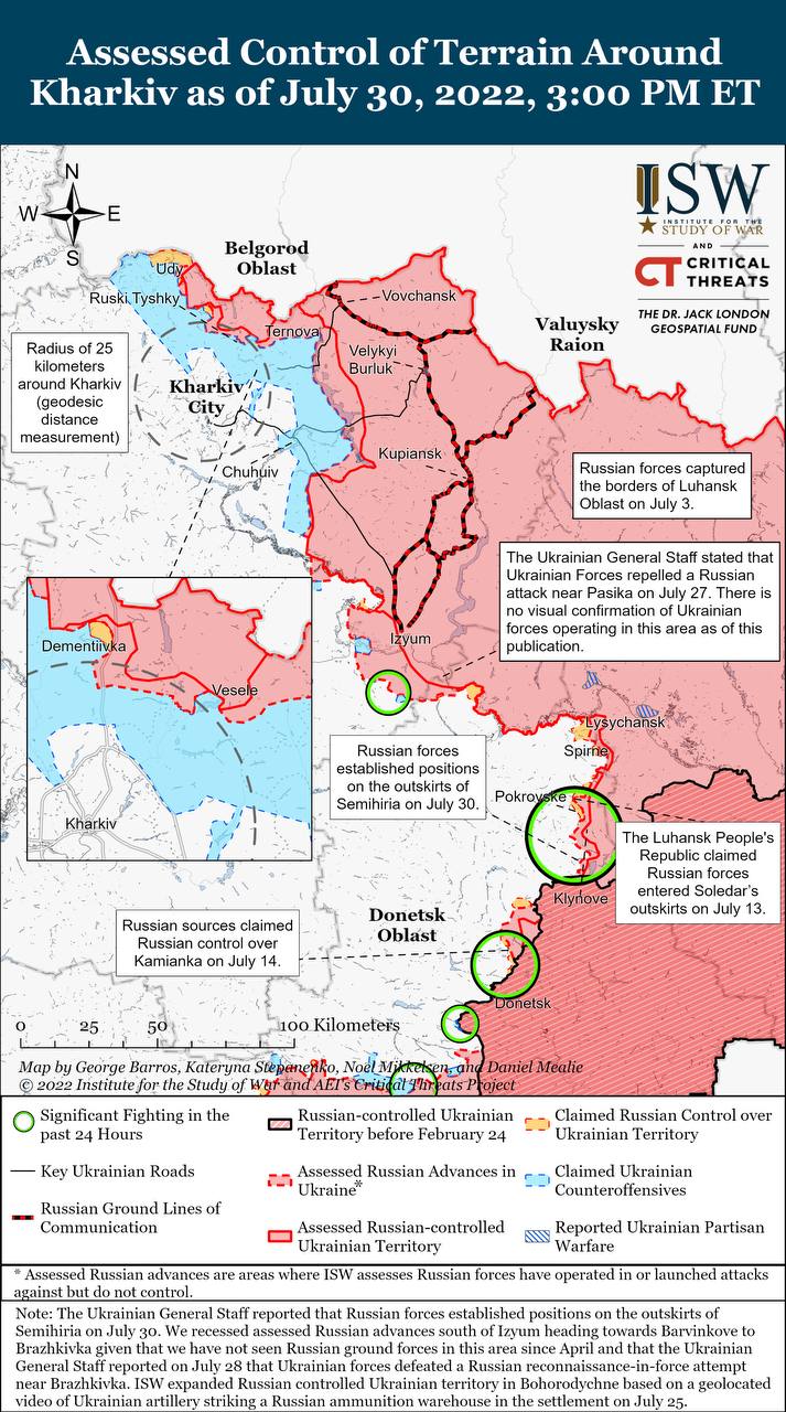 Карта боевых действий в Украине 31 июля Фото: www.understandingwar.org
