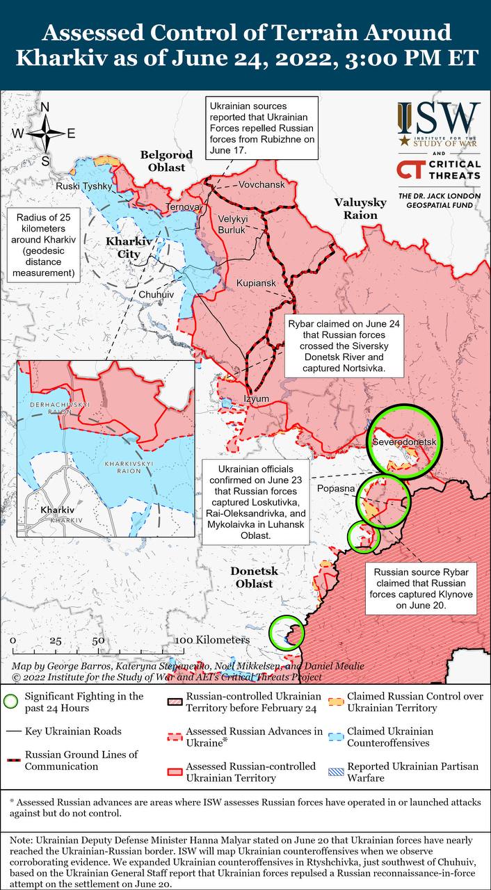 Карта боевых действий в Украине 25 июня