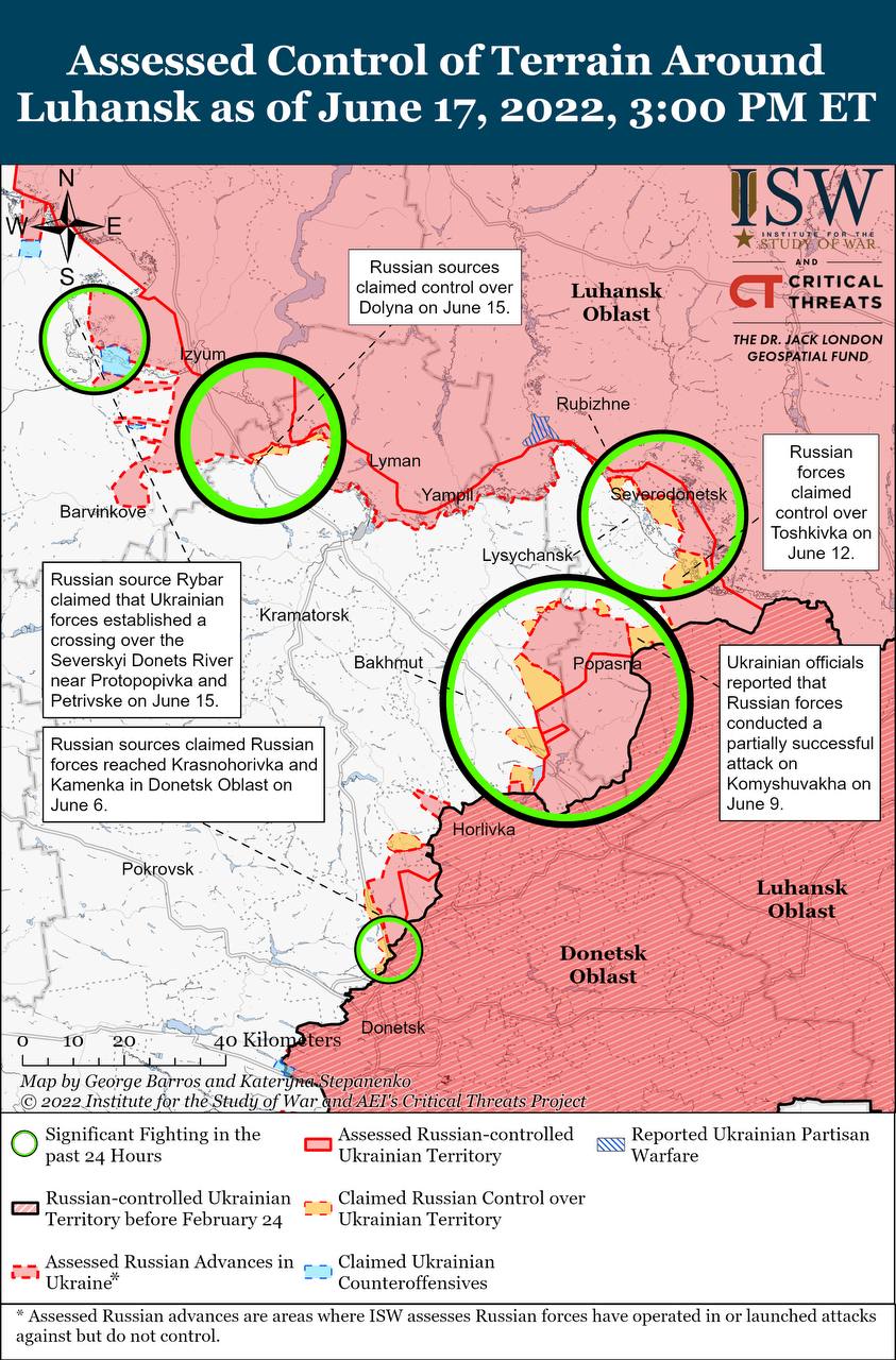 Карта военных действий в Украине 18 июня.