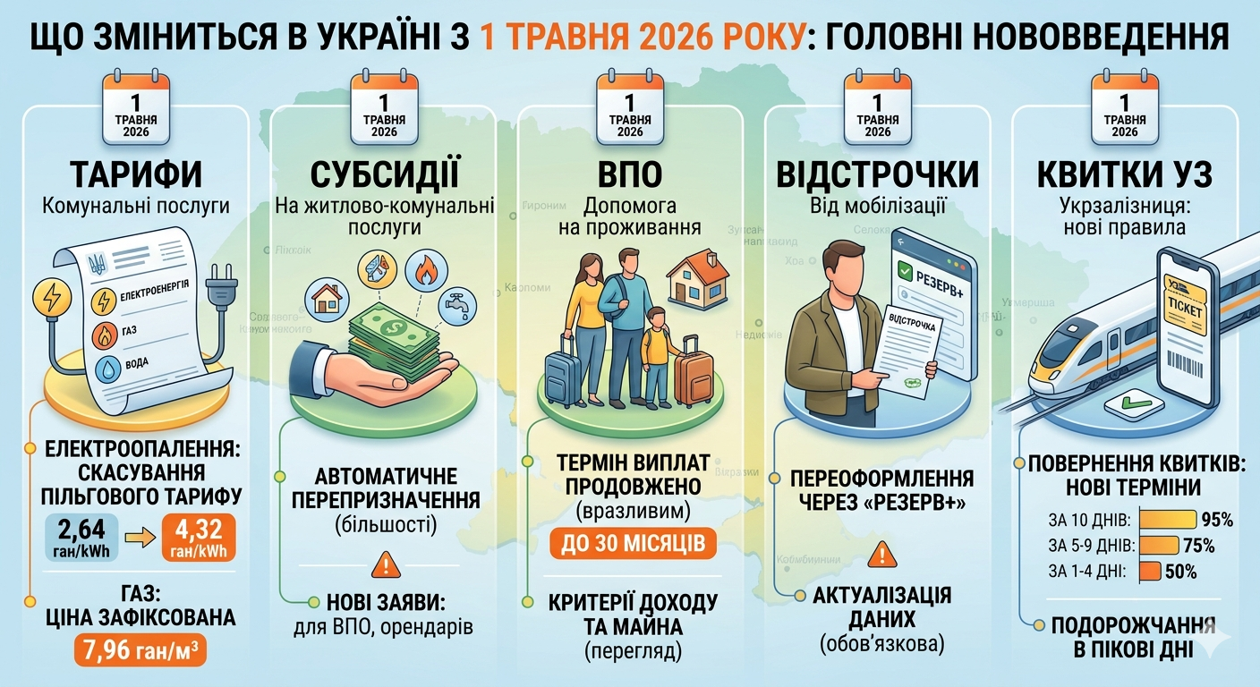 Что изменится в Украине с 1 мая 2026 года: тарифы, субсидии, ВПЛ, отсрочки и билеты УЗ